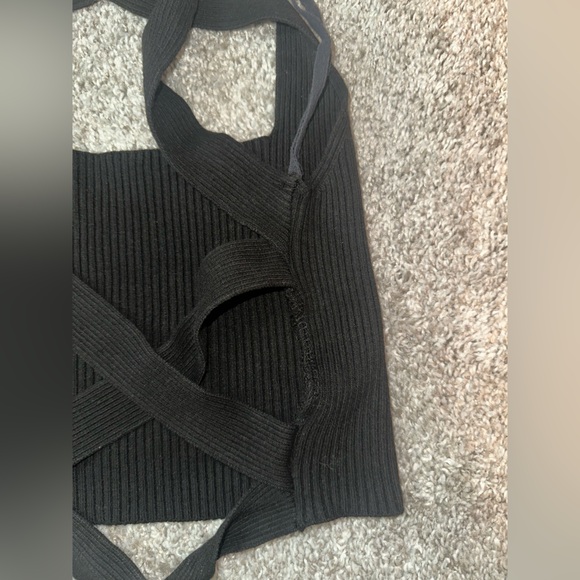 Black Ribbed Crop Top with Cross Back and Tie Size Small - Picture 7 of 9